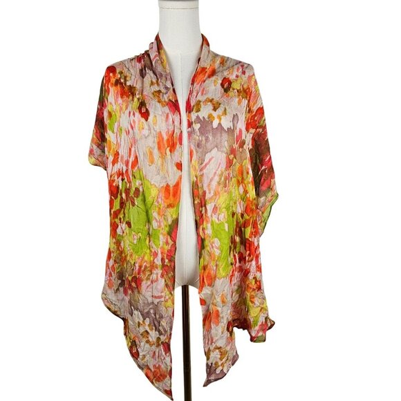 Floral Sheer Wrap Scarf/Shawl Vibrant Lightweight Orange Green - Picture 1 of 5